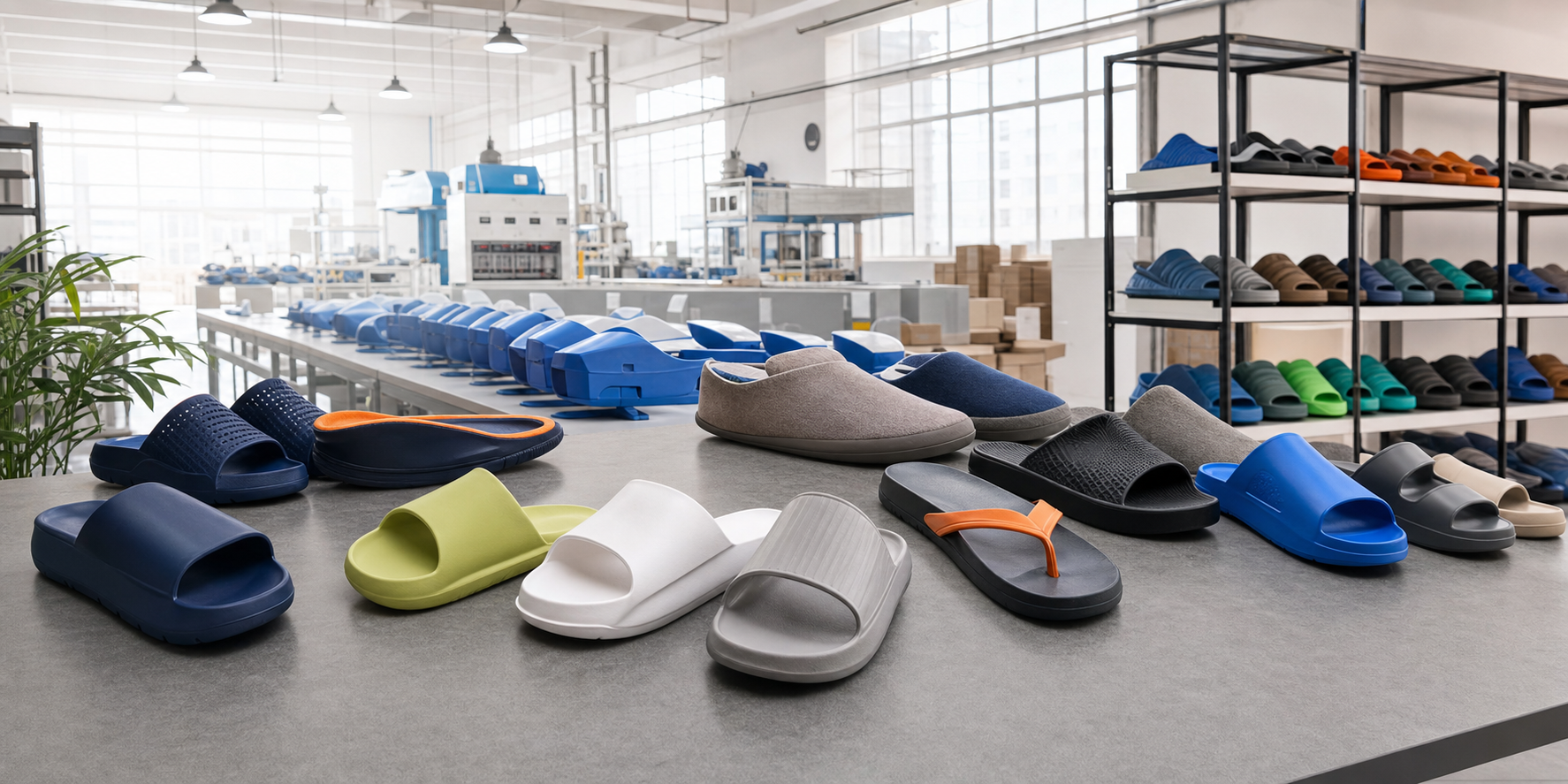 Wholesale slipper factory showroom with slipper products and packaging